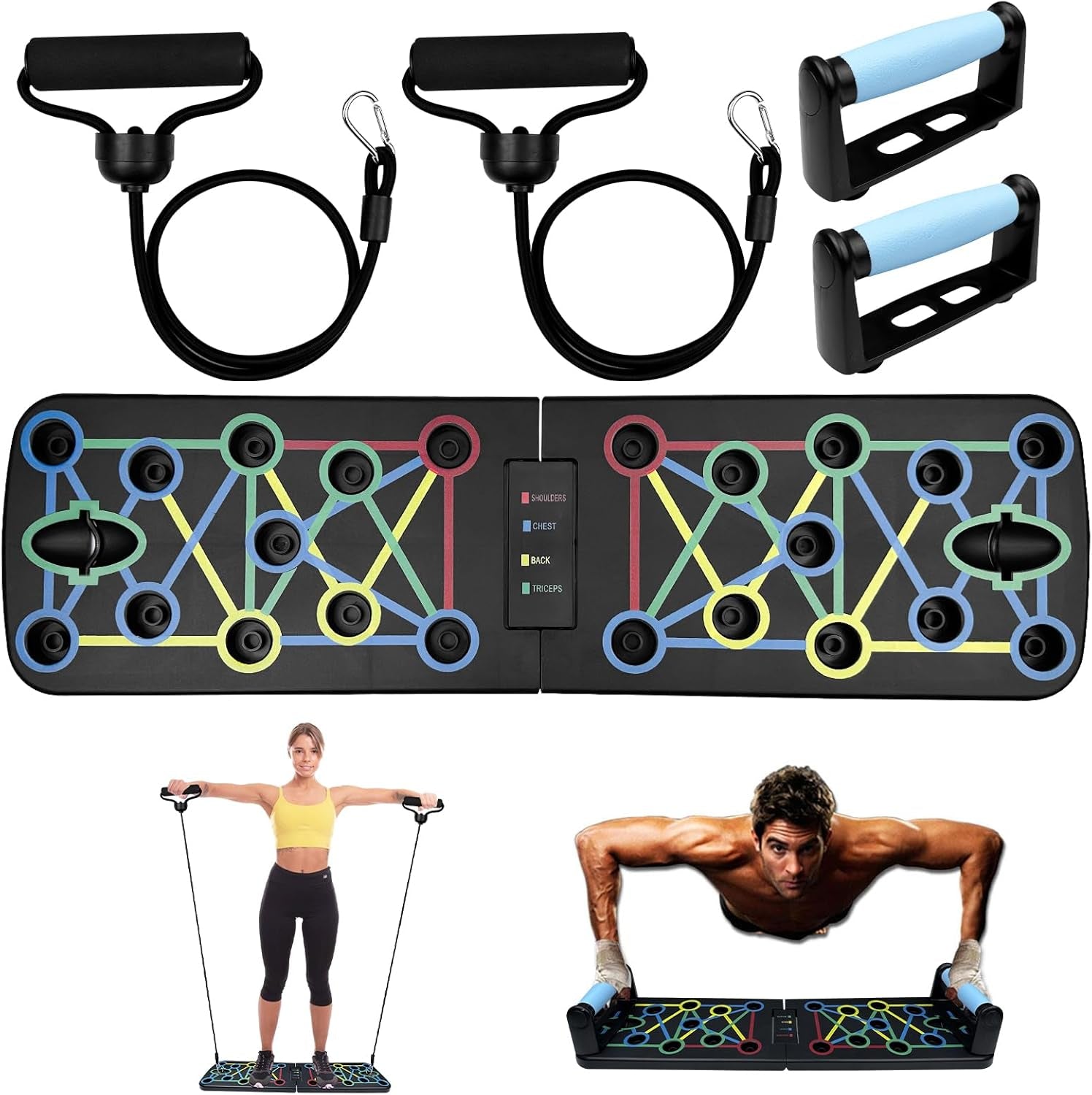Portable Planche Pompe, Planche Pompe Musculation Avec Antiglisse Poignées, Planche Push Up, Push up Board, Push up Board Pliable Avec 2 Bande De Résistance, Push up Bar Pour Muscles Exercice