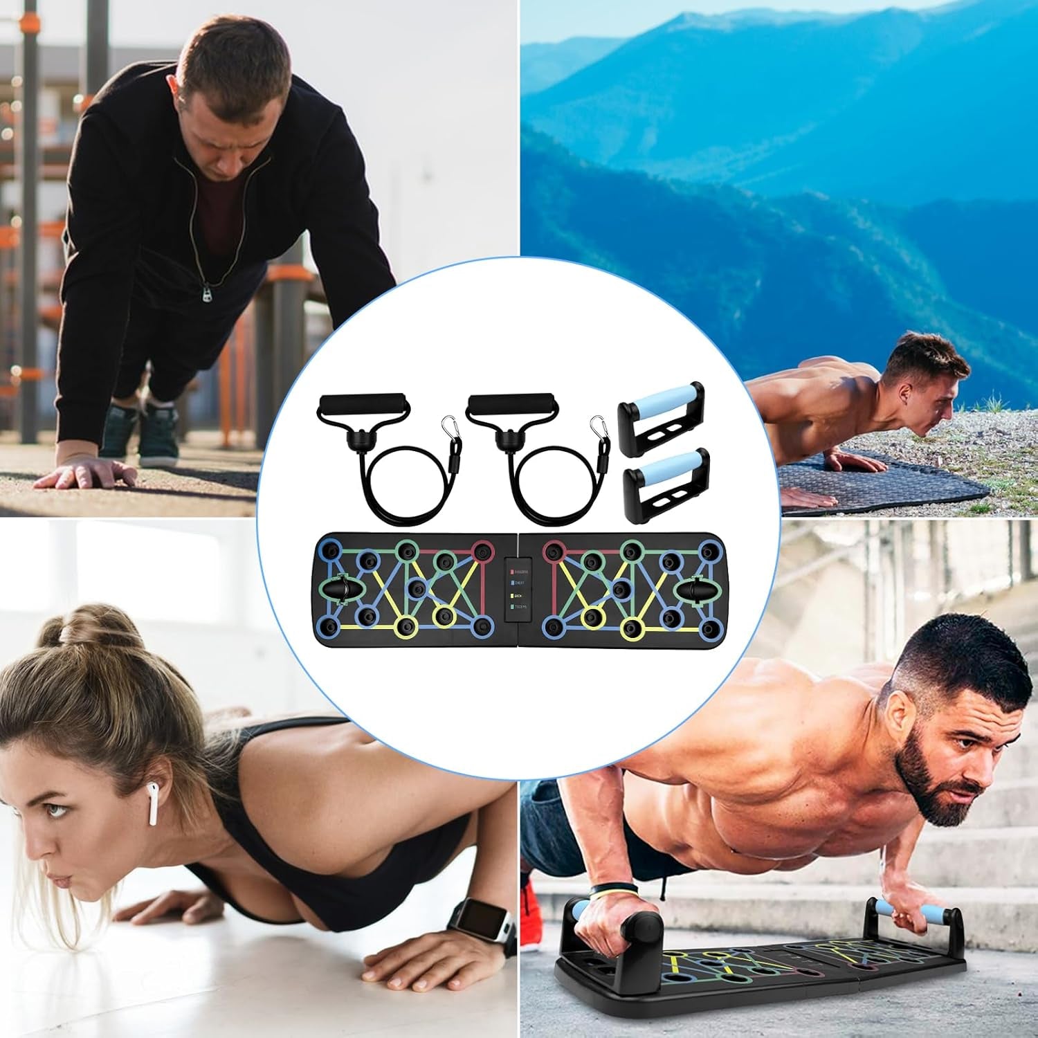 Portable Planche Pompe, Planche Pompe Musculation Avec Antiglisse Poignées, Planche Push Up, Push up Board, Push up Board Pliable Avec 2 Bande De Résistance, Push up Bar Pour Muscles Exercice